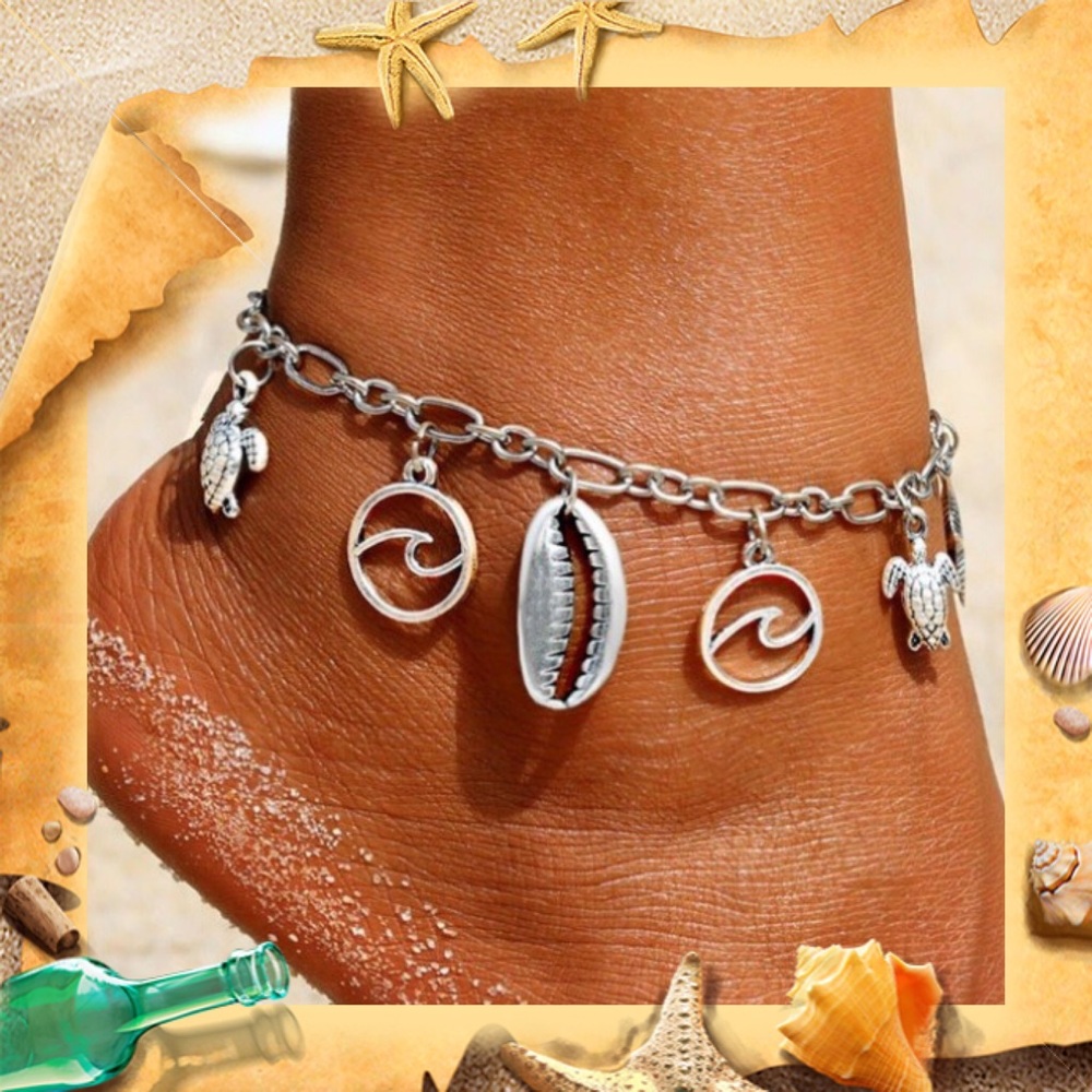 Wave Turtle Shell Starfish Silver Ankle Bracelet! - Picture 2 of 6